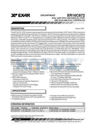 XR16C872 datasheet - DUAL UART WITH 1284 PARALLEL PORT AND PLUG-AND-PLAY CONTROLLER