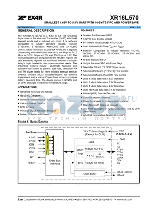 XR16L570 datasheet - SMALLEST 1.62V TO 5.5V UART WITH 16-BYTE FIFO AND POWERSAVE