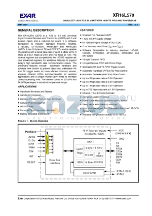 XR16L570 datasheet - SMALLEST 1.62V TO 5.5V UART WITH 16-BYTE FIFO AND POWERSAVE