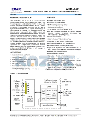 XR16L580_07 datasheet - SMALLEST 2.25V TO 5.5V UART WITH 16-BYTE FIFO AND POWERSAVE