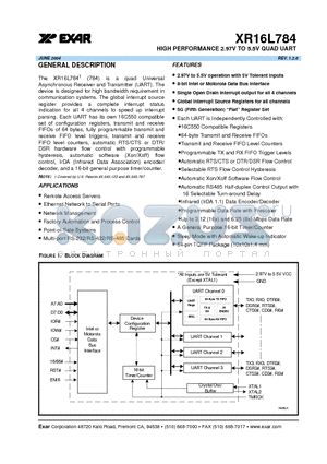 XR16L784 datasheet - HIGH PERFORMANCE 2.97V TO 5.5V QUAD UART