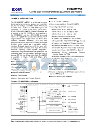 XR16M2752 datasheet - 1.62V TO 3.63V HIGH PERFORMANCE DUART WITH 64-BYTE FIFO