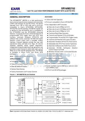 XR16M2752IJ44 datasheet - 1.62V TO 3.63V HIGH PERFORMANCE DUART WITH 64-BYTE FIFO