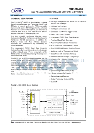 XR16M670 datasheet - 1.62V TO 3.63V HIGH PERFORMANCE UART WITH 32-BYTE FIFO