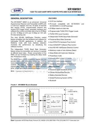 XR16M581 datasheet - 1.62V TO 3.63V UART WITH 16-BYTE FIFO AND VLIO INTERFACE