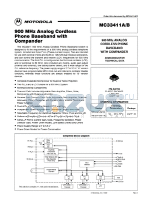 MC33411A datasheet - 900 MHZ ANALOG CORDLESS PHONE BASEBAND WITH COMPANDER