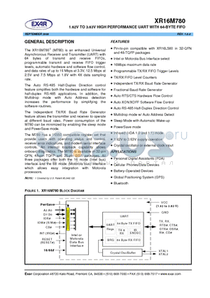 XR16M780IB25 datasheet - 1.62V TO 3.63V HIGH PERFORMANCE UART WITH 64-BYTE FIFO