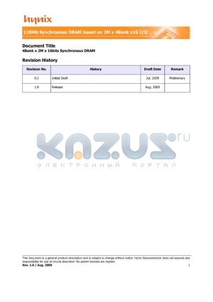 H57V1262GTR-60X datasheet - 128Mb Synchronous DRAM based on 2M x 4Bank x16 I/O