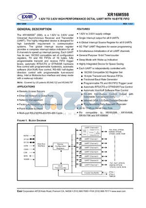 XR16M598IQ100 datasheet - 1.62V TO 3.63V HIGH PERFORMANCE OCTAL UART WITH 16-BYTE FIFO
