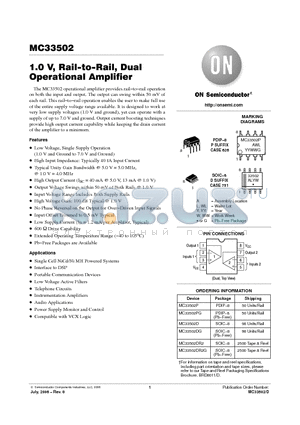 MC33502 datasheet - 1.0 V, Rail−to−Rail, Dual Operational Amplifier