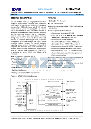 XR16V2551 datasheet - HIGH PERFORMANCE DUART WITH 16-BYTE FIFO AND POWERSAVE FEATURE