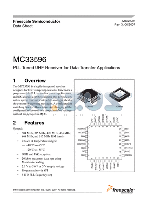 MC33596FCER2 datasheet - PLL Tuned UHF Receiver for Data Transfer Applications