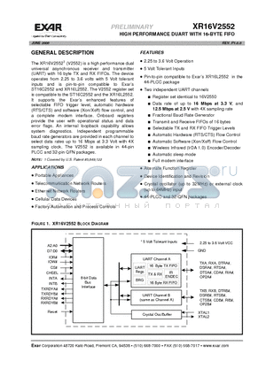 XR16V2552 datasheet - HIGH PERFORMANCE DUART WITH 16-BYTE FIFO