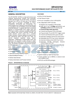 XR16V2752IL32 datasheet - HIGH PERFORMANCE DUART WITH 64-BYTE FIFO