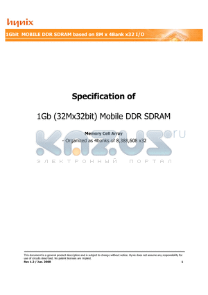 H5MS1G22MFP-K3M datasheet - 1Gbit MOBILE DDR SDRAM based on 8M x 4Bank x32 I/O