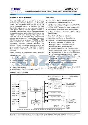 XR16V794 datasheet - HIGH PERFORMANCE 2.25V TO 3.6V QUAD UART WITH FRACTIONAL