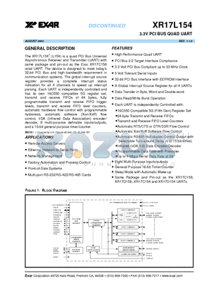 XR17L154 datasheet - 3.3V PCI BUS QUAD UART