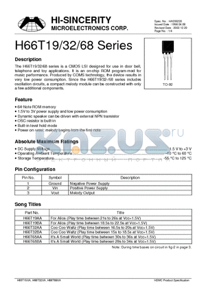 H66T68AA datasheet - 64-Note ROM memory Dynamic speaker can be driven with external NPN transistor