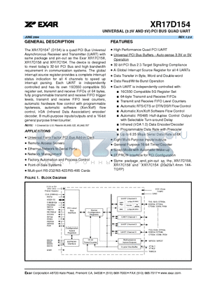 XR17D154IV datasheet - UNIVERSAL (3.3V AND 5V) PCI BUS QUAD UART