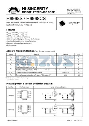 H6968CS datasheet - Dual N-Channel Enhancement-Mode MOSFET (20V, 6.5A) (Battery Switch, ESD Protected)