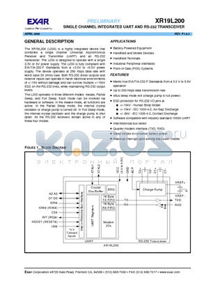 XR19L200IL32 datasheet - SINGLE CHANNEL INTEGRATED UART AND RS-232 TRANSCEIVER