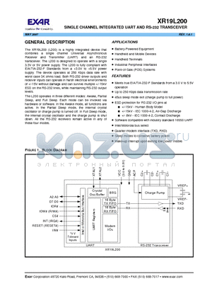 XR19L200_07 datasheet - SINGLE CHANNEL INTEGRATED UART AND RS-232 TRANSCEIVER