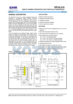 XR19L210_07 datasheet - SINGLE CHANNEL INTEGRATED UART AND RS-232 TRANSCEIVER