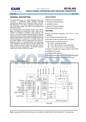 XR19L400IL40 datasheet - SINGLE CHANNEL INTEGRATED UART AND RS-485 TRANSCEIVER