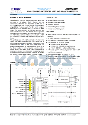 XR19L210 datasheet - SINGLE CHANNEL INTEGRATED UART AND RS-232 TRANSCEIVER