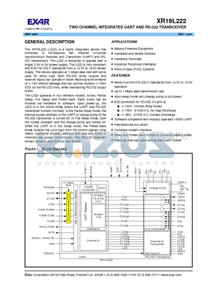 XR19L222 datasheet - TWO CHANNEL INTEGRATED UART AND RS-232 TRANSCEIVER
