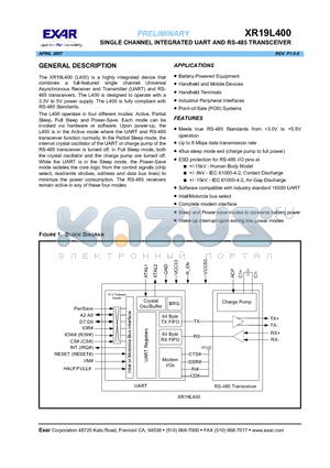 XR19L400 datasheet - SINGLE CHANNEL INTEGRATED UART AND RS-485 TRANSCEIVER