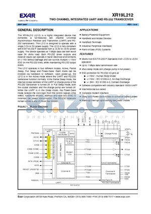 XR19L212IL48 datasheet - TWO CHANNEL INTEGRATED UART AND RS-232 TRANSCEIVER
