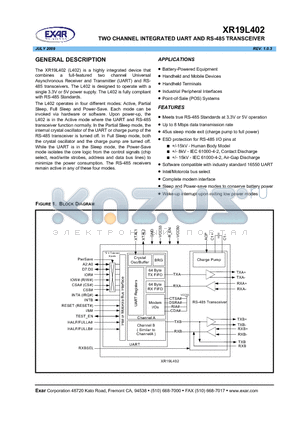XR19L402 datasheet - TWO CHANNEL INTEGRATED UART AND RS-485 TRANSCEIVER