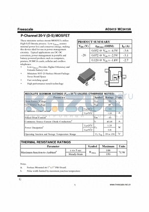 MC3415A datasheet - P-Channel 20-V (D-S) MOSFET Fast switching speed