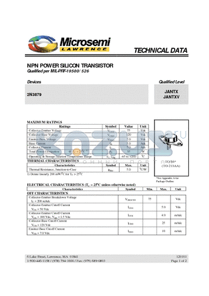 JANTX2N3879 datasheet - NPN POWER SILICON TRANSISTOR