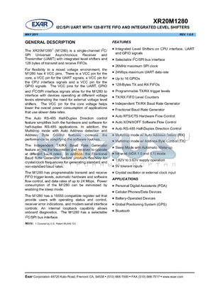 XR20M1280 datasheet - I2C/SPI UART WITH 128-BYTE FIFO AND INTEGRATED LEVEL SHIFTERS