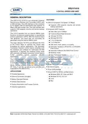 XR21V1410 datasheet - 1-CH FULL-SPEED USB UART