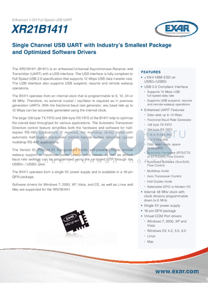 XR21B1411IL16-F datasheet - Single Channel USB UART with Industry`s Smallest Package and Optimized Software Drivers