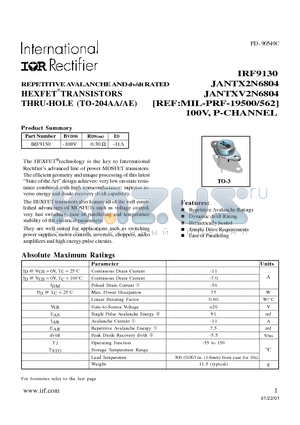 JANTX2N6804 datasheet - TRANSISTORS P-CHANNEL(Vdss=-100V, Rds(on)=0.30ohm, Id=-11A)