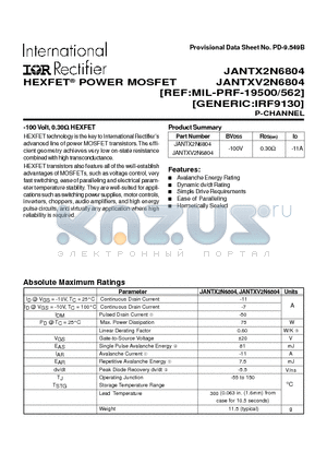 JANTX2N6804 datasheet - POWER MOSFET P-CHANNEL(BVdss=-100V, Rds(on)=0.30ohm, Id=-11A)