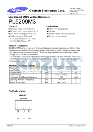 PL5209-2.5M3 datasheet - Low Dropout CMOS Voltage Regulators