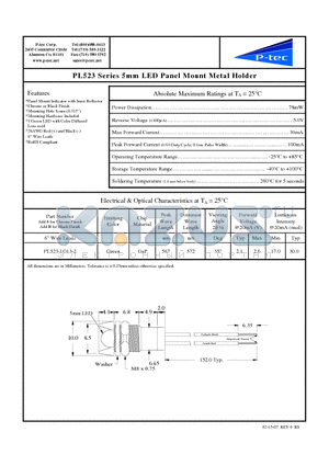 PL523-1G13-2 datasheet - 5mm LED Panel Mount Metal Holder