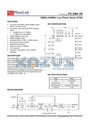 PL580-30 datasheet - 38MHz-640MHz Low Phase Noise VCXO
