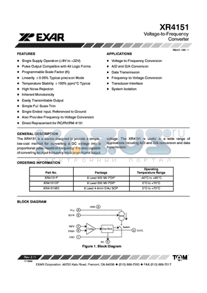 XR4151P datasheet - Voltage-to-Frequency Converter