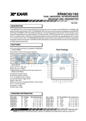 XR68C192 datasheet - DUAL UNIVERSAL ASYNCHRONOUS RECEIVER AND TRANSMITTER