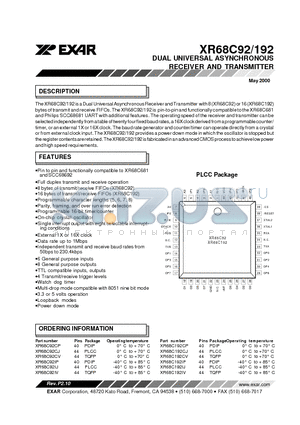XR68C92CP datasheet - DUAL UNIVERSAL ASYNCHRONOUS RECEIVER AND TRANSMITTER