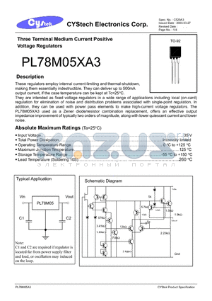 PL78M05AA3 datasheet - Three Terminal Medium Current Positive Voltage Regulators