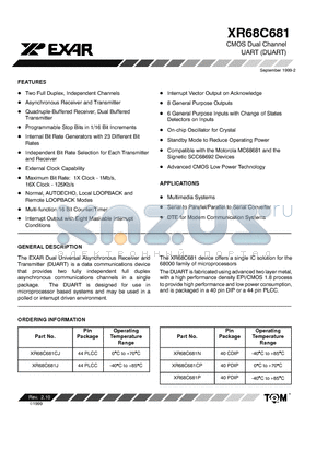 XR68C681P datasheet - CMOS Dual Channel UART (DUART)