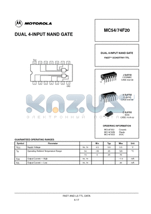 MC54F20 datasheet - DUAL 4-INPUT NAND GATE