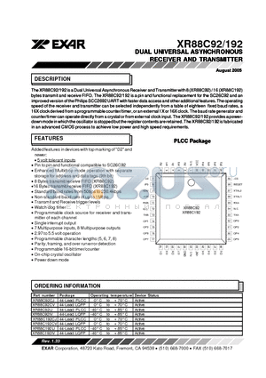 XR88C192CJ datasheet - DUAL UNIVERSAL ASYNCHRONOUS RECEIVER AND TRANSMITTER